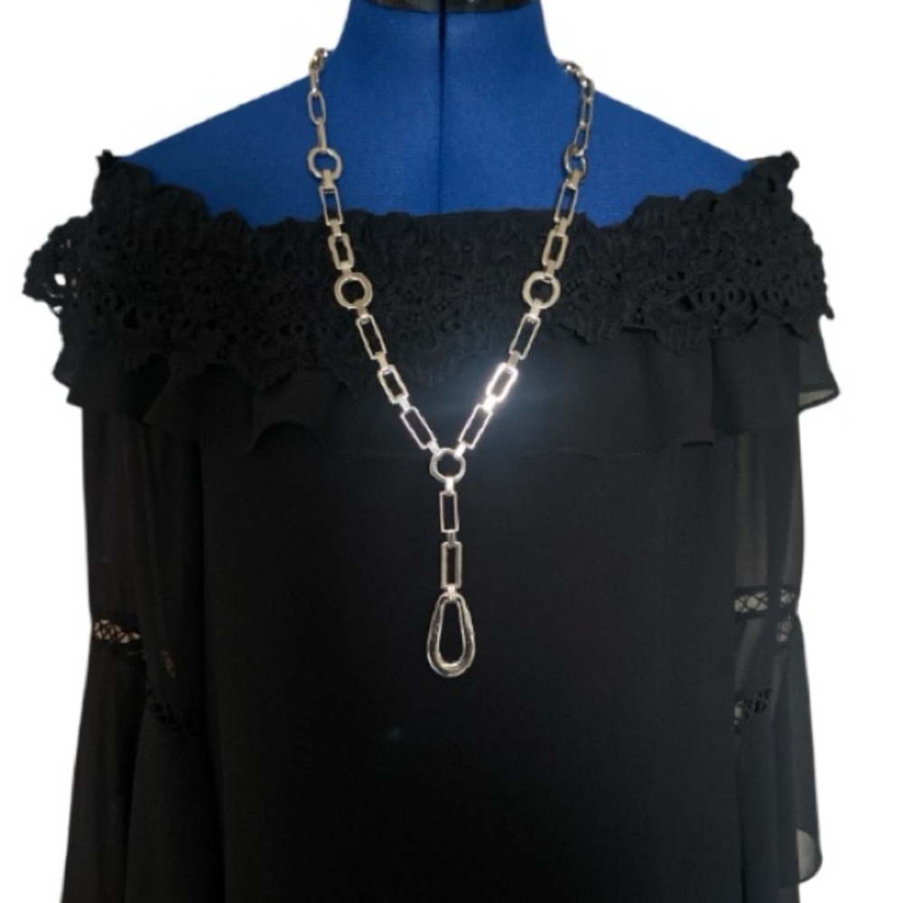 Chicos Long Chunky Geometric Long Necklace Silver Tone Y Drop Y2K